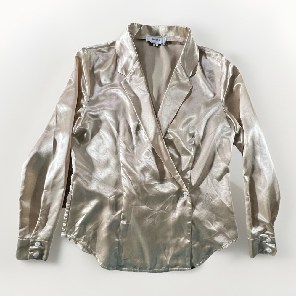 Rihoas Satin Wrap Blouse Small Gold Long Sleeve Button Cuff Collared Dressy Top